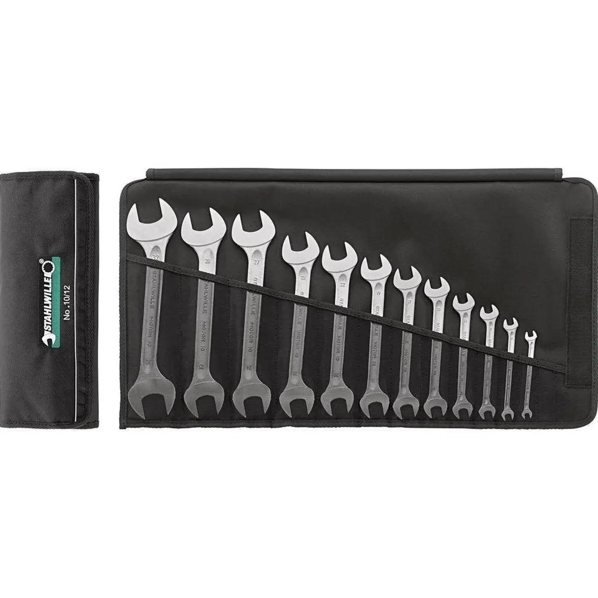 Stahlwille Maulschlüssel Doppelmaulschlüssel-Set MOTOR, 8-teilig, verchromte Oberfläche, robuste Rolltasche