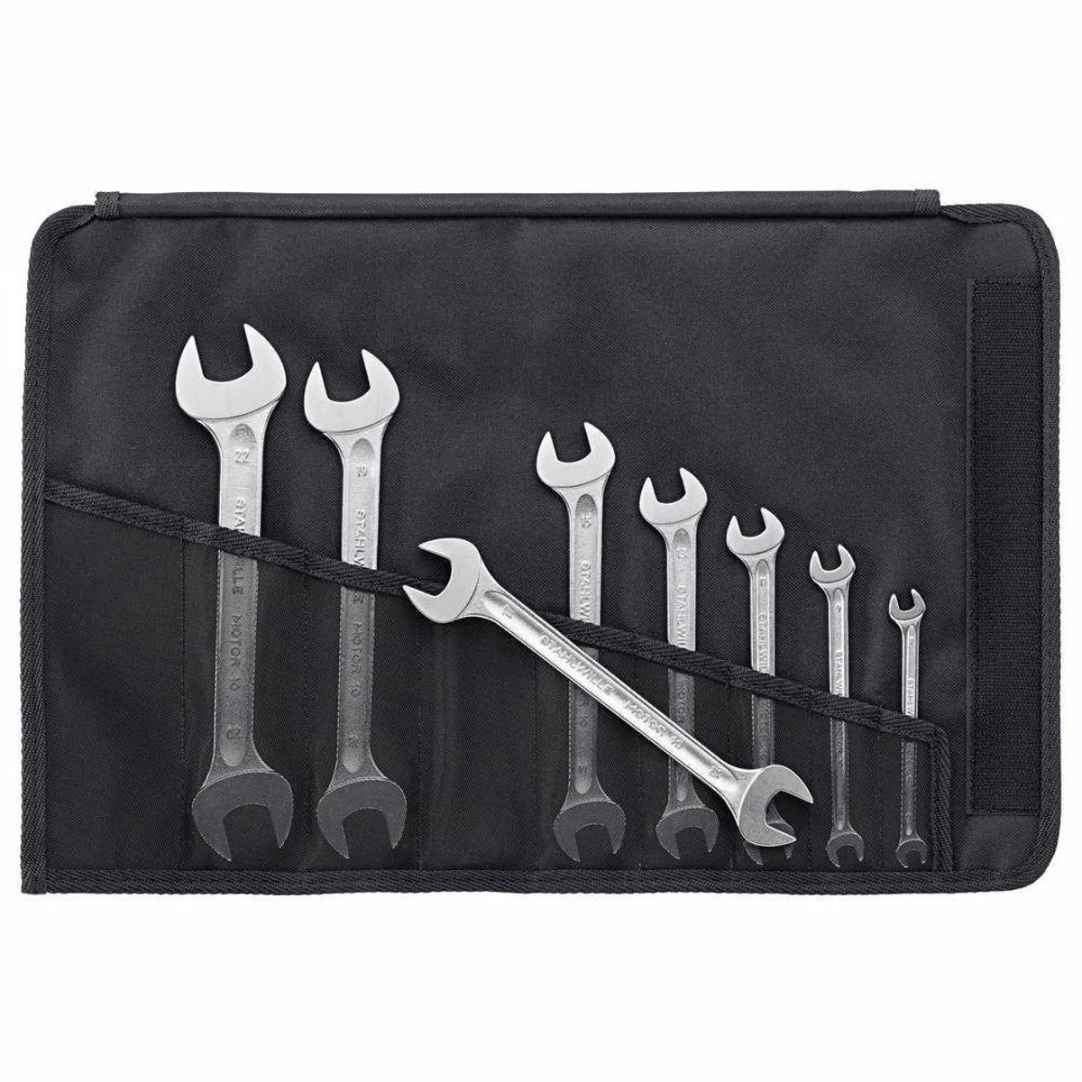 Stahlwille Maulschlüssel Doppelmaulschlüssel-Set MOTOR, 8-teilig, verchromte Oberfläche, robuste Rolltasche 2
